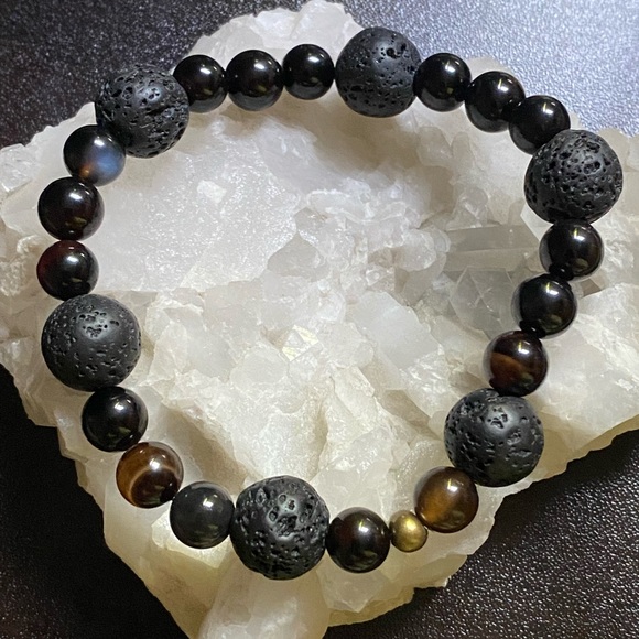 Hand Crafted Other - Hand Crafted Bracelet Black Agate & Lava Stretch Unisex Authentic Real Stones